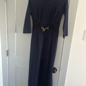 Elegant Navy Blue Dress with Black Lace Detail